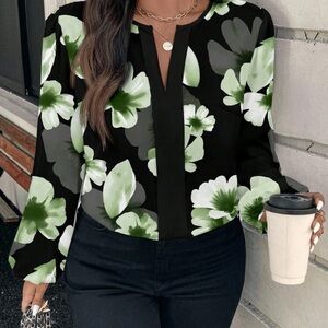 Brand new Women’s Floral V-Neck Long-Sleeve Blouse in Black and Green